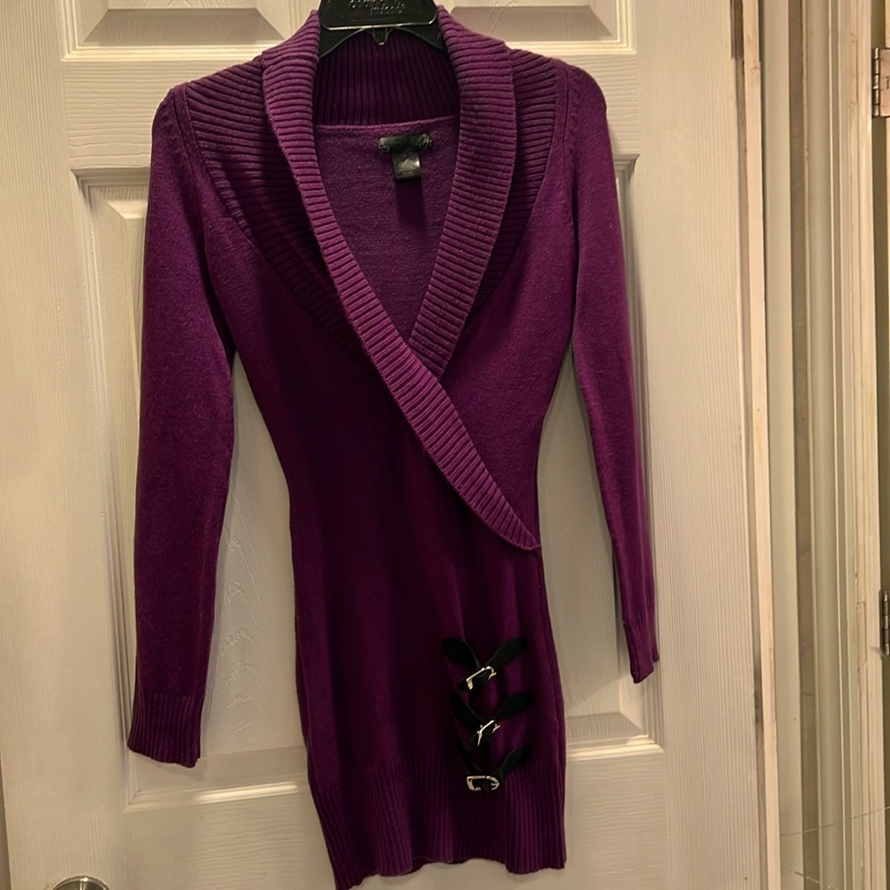 Sexy Purple Long Sweater Dress with Adjustable Buckles
